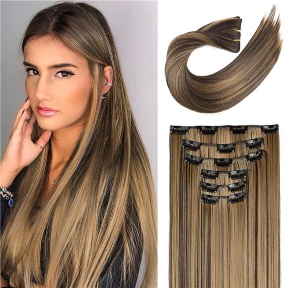 6PC Clip in Hair Extensions Deep Brown x Blonde